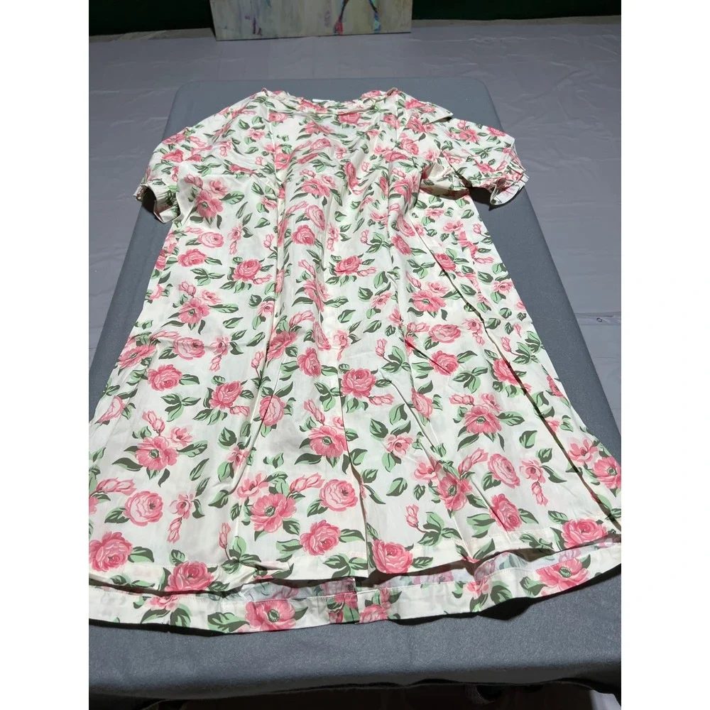National Floral Snap Front House Dress Duster Lounger Pink Roses Robe Cotton 3X